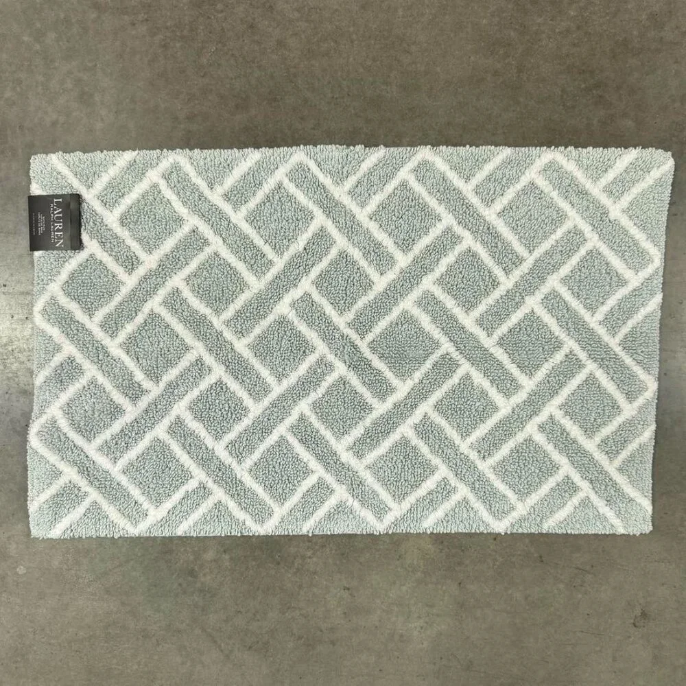 Ralph Lauren 21 x 34 Mint Green White Bath Mat Rug Geometric Striped Cotton